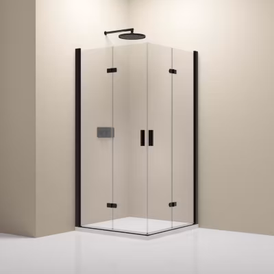 Cabine de douche d&rsquo;angle 90x80x190cm (LxPxH) verre 8mm, 2 portes pliantes, Profilé noir mat – NT213