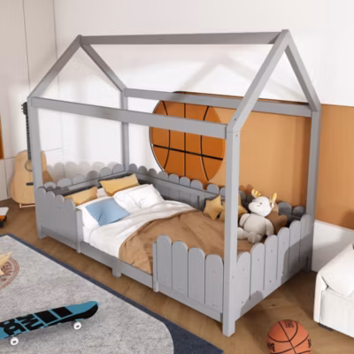 Lit enfant 90×200 cm – Lit Cabane avec Clôtures et Sommier Inclus, Structure en Bois de Pin, Sans Matelas,  Gris