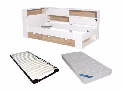 Lit 90 x 190 cm avec rangements – Coloris : Blanc et naturel + Sommier + Matelas – TAMADU