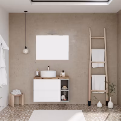 Meuble De Salle De Bains Suspendu 80Cm 2 Tiroirs, Compartiment Ouvert, Dessus Et Miroir 80X60cm – Nice