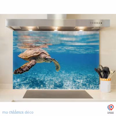 Crédence cuisine fond de hotte Tortue marine aux Seychelles – Verre trempé – L 90 cm x H 60 cm – MaCrédenceDéco