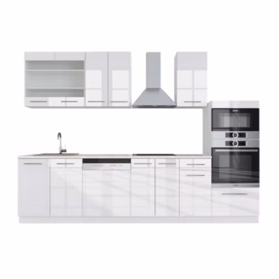 Vicco Cuisine blanc brillant/blanc 300cm avec armoire haute, PT Marbre