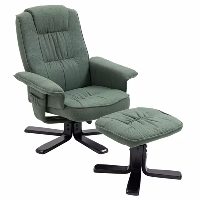 Fauteuil de relaxation CHARLY repose-pieds siège pivotant dossier inclinable assise rembourrée relax, en tissu vert et pieds noirs