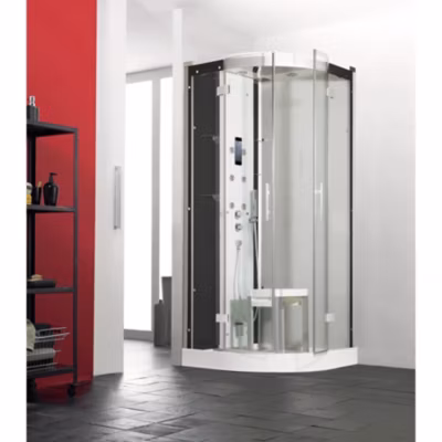 Cabine de douche hydromassante et hammam KINEDO HORIZON 90×90 1/4 de rond hauteur bac 12,5cm 2 pivotants finition perle noire