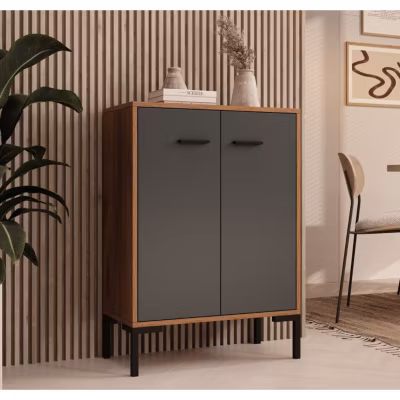 Buffet bas moderne – 2 portes métal – Mélamine mate – Noir/Gris – 60x84x30 cm