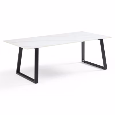 Table basse 120×60 cm céramique blanc marbré pieds luge – NEVADA 02
