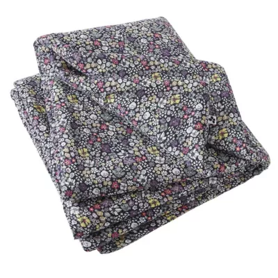 SOIZIC – Chemin de Lit  90x200cm Gaze de Coton Imprimé Bleu-Violet Imprimé Fleurs