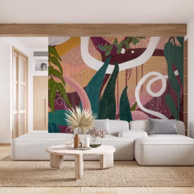 Papier peint panoramique d&rsquo;une peinture avec plantes tropicales – 170×260 cm (l x h)
