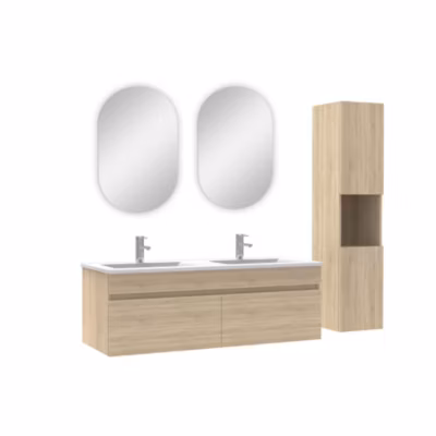 Ensemble Salle de Bain avec colonne et miroir ovale 120cm meuble Chêne Wotan