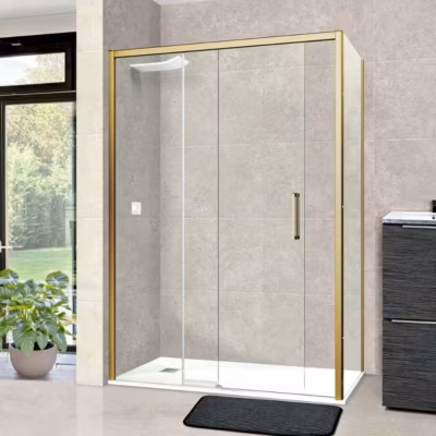 Paroi de douche porte coulissante et paroi latérale DROITE – L.116/120xl.80xH195 cm – verre 6mm Or Brossé SUPERBAN Vézannes 2PL