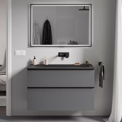 Meuble vasque suspendu MDF Anthracite mat, lavabo fonte sans trou robinet & poignée Noir mat 100x46x62cm – LAVOA