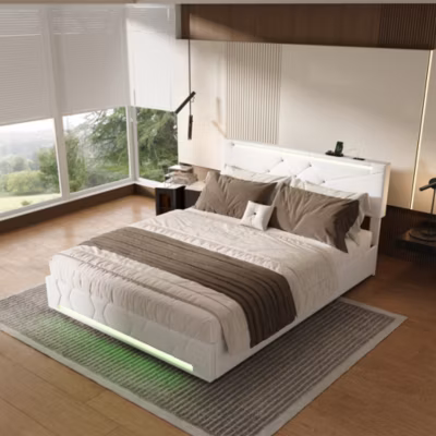Lit double 140×200 cm tissu beige, coffre à vérin, LED tête/pied, ports USB, design moderne.