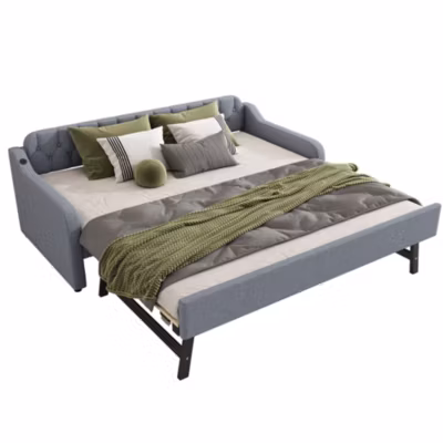 Canapé-lit 90×200 cm convertible avec lit gigogne et prise USB, revêtement lin gris, design sobre