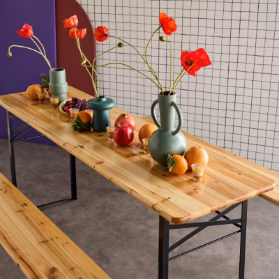 Table de jardin pliante bois de sapin + 2 bancs BAYONNE   Esprit brasserie. pliable. 6 personnes