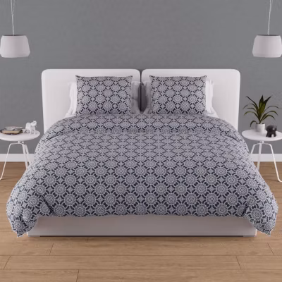 Parure housse de couette en coton 57 fils 240×220 cm ESMERALDA marine, par Soleil d&rsquo;ocre