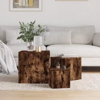 815987 vidaXL Tables d&rsquo;appoint 3 pcs Chêne fumé Bois d&rsquo;ingénierie