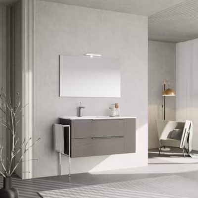 Meuble De Salle De Bains Suspendu 100Cm Gris Frêne Avec 2 Tiroirs Et Compartiment Ouvert, Lavabo, Miroir 100X60 – New York