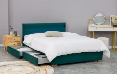 Lit en velours vert avec rangements et led intégrées 140×190 cm ENFIELD