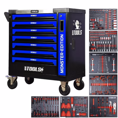 Servante d&rsquo;atelier BM TOOLS 9/7 MONSTER-EDITION-BLUE 7 tiroirs pleins, 1 porte & 1 tiroir vertical – 257 outils – Sur roulettes