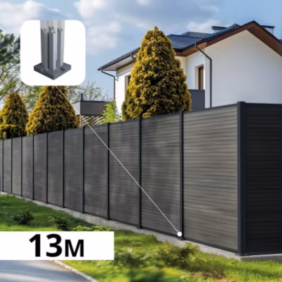 Kit Clôture Composite SANTOS Ardoise 13×1,8m – Bois composite & Aluminium – Poteaux sur Platines Gris – Brise vue – Palissade