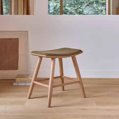 Tabouret en teck massif et velours côtelé