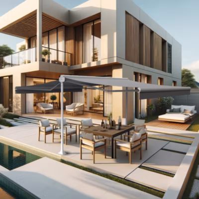 Store banne double-pente DRAGOSTE 4,80m x 3,00m x 2 (Motorisé à Télécommande – Gris clair – Blanc)