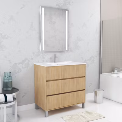 Pack Meuble Salle de Bains 80cm Chêne Clair 3 Tiroirs, Vasque, Miroir 60×80 à Leds intégrées – XENOS