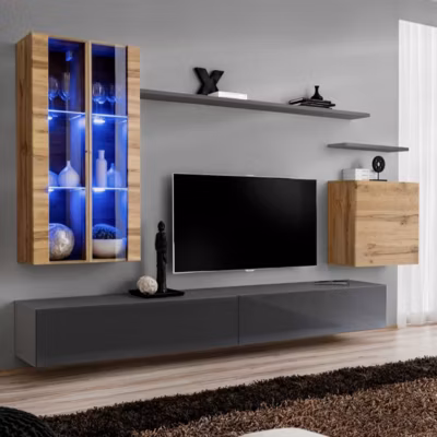 Meuble TV Mural Design « Switch XII » 270cm Naturel & Gris