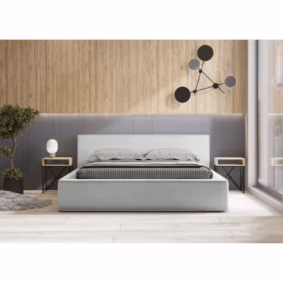 Lit coffre VELORA  Blanc bouclé  180×200 cm  Tissu effet laine  Sommier relevable  Rangement intégré