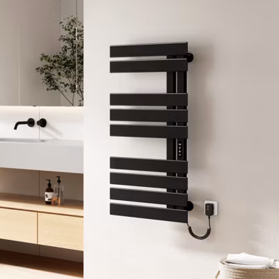 EMKE Radiateur sèche-serviettes électrique salle de bain avec thermostat, panneau chauffant, minuterie, 100×50 cm, 350W, noir mat