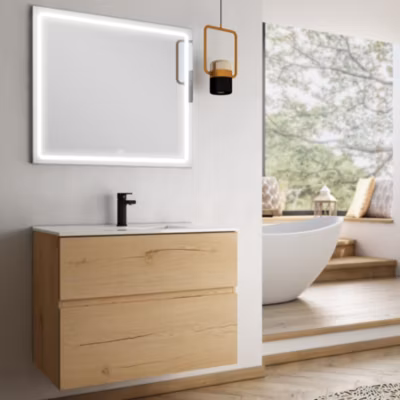 Meuble de salle de bain simple vasque – 2 tiroirs – MIG et miroir Led VELDI – roble (chêne clair) – 100cm