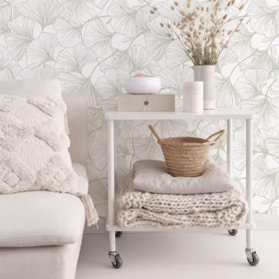 Papier peint adhésif ginko vert et blanc en vinyle lavable et amovible – 1 rouleau 50×300 cm – Decochic