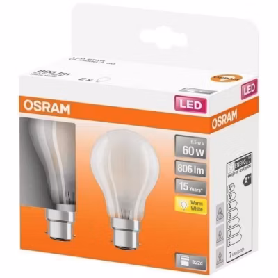 OSRAM – Boite de 2 LED std verre dépoli 6.5W b22 806lm 2700K chaud