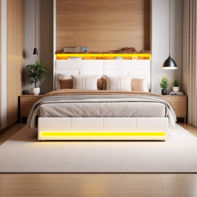 Lit tapissé 140×200 cm en PU blanc avec LED, ports USB, sommier hydraulique et grand espace de rangement