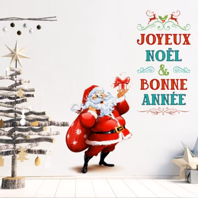 Sticker Noël père noël joyeux noël et bonne année – Autocollants stickers adhésifs noël – décoration fêtes – 30x35cm