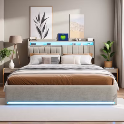 Lit coffre 160×200 cm en tissu velours avec rangement pratique, tête de lit rembourrée, lit double avec LED et prise USB, Gris