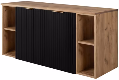 Meuble sous vasque à 2 portes FLOW NOIR 120 cm avec 2 x l&rsquo;étagères – extensions et plan CHÊNE