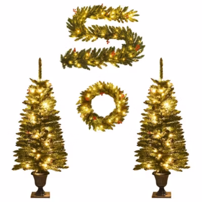Arbres de Noël artificiels 2 pcs et couronne, guirlande et LED vidaXL