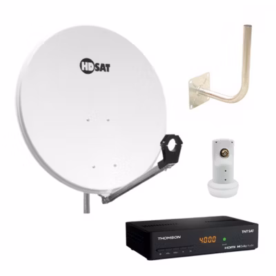 Pack  Parabole satellite acier 80cm Support LNB + LNB Single + Décodeur Satellite HD TNTSAT ASTRA + Carte + Bras coudé HDSAT