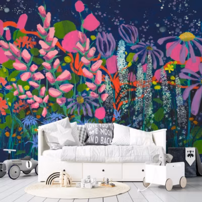 Papier Peint panoramique d&rsquo;une peinture avec fleurs et plantes – 255×260 cm (l x h)