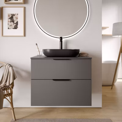 Meuble sous vasque suspendu MDF Anthracite mat 80x46x62cm, Plan lavabo Noir mat + poignée Chrome – TIM80