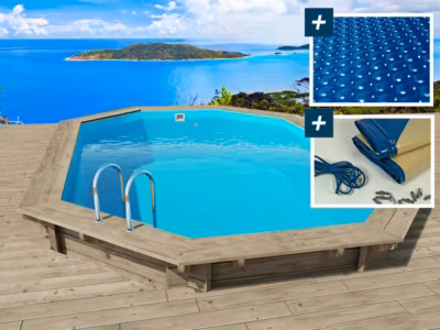 Piscine bois  » Miami 145  »  4.86 x 3.36 x 1.45 m + Bâche à bulles 180 micron + Bâche hiver 280 grm²