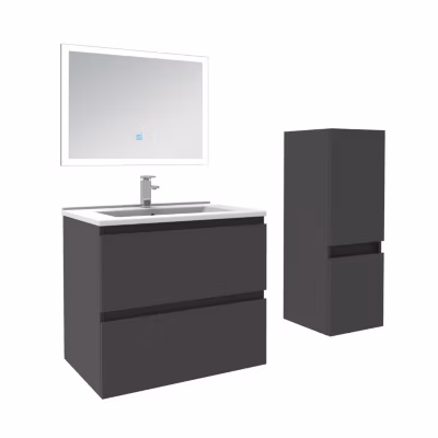 Ensemble meuble de salle de bain 60cm, vasque céramique + colonne bas + miroir lumineux, anthracite