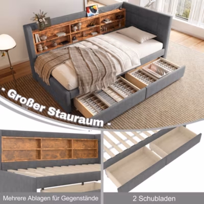 Canapé-lit 140×190 cm convertible clic-clac en tissu gris avec coffre discret, structure métal, contemporain