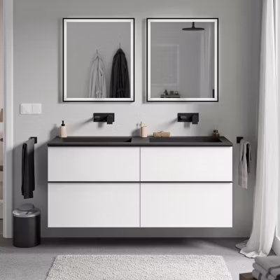 Meuble vasque suspendu MDF Blanc mat, lavabo fonte Noir mat sans trou robinet, poignée Chrome – 120x46x62cm – LAVOA